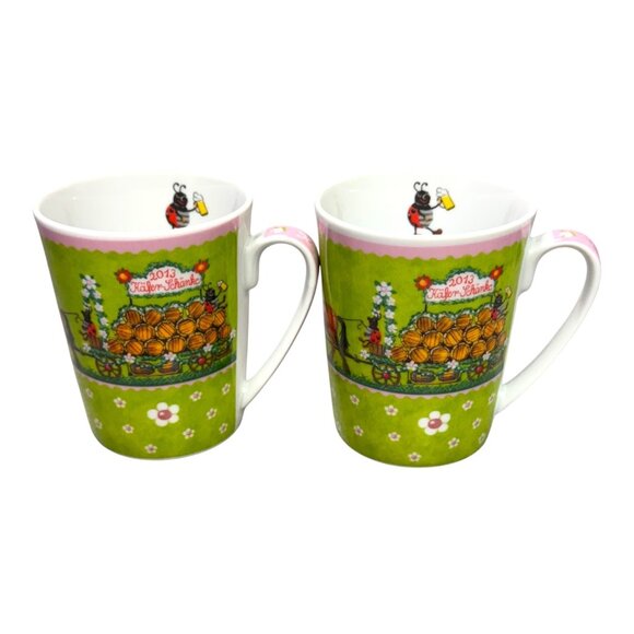 2013 Käfer Oktoberfest Mug Set Of 2 4.5" Green Pink Design Ladybug Floral Horse - Picture 1 of 9